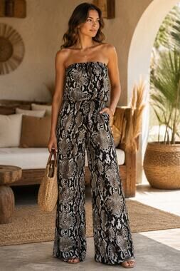 Sandiva Jumpsuit Womens Size XS Snakeskin Print Strapless wide legs
